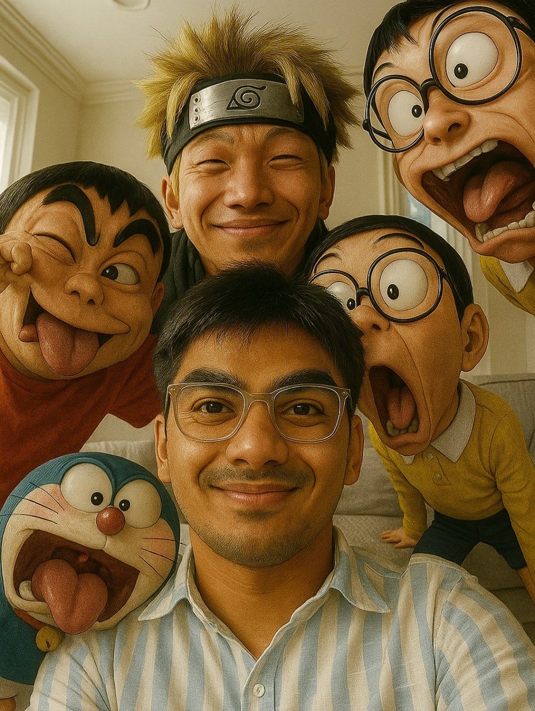 Fisheye Group Selfie with Anime Friends AI image prompt