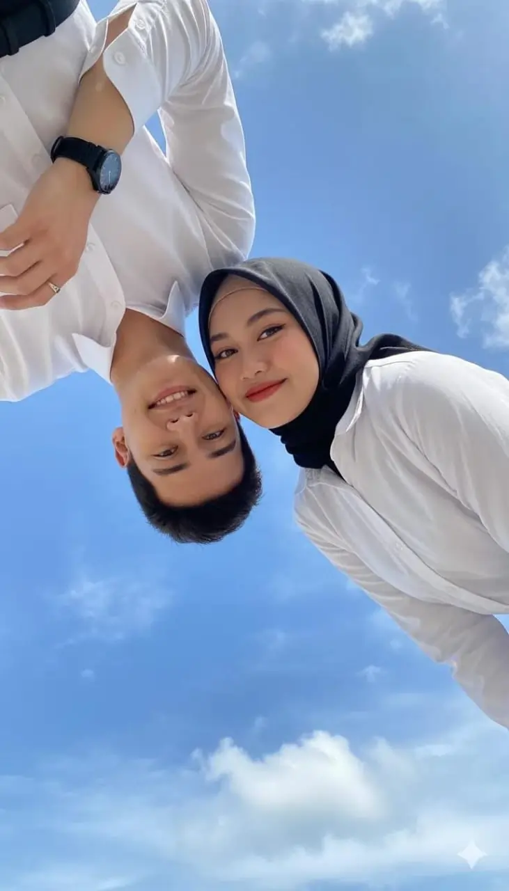 Low-Angle Hijab Couple Portrait AI image prompt