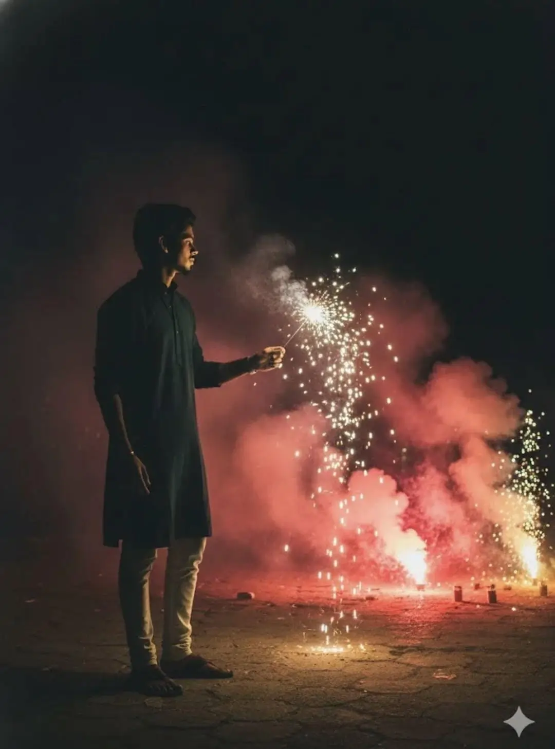 Dark Kurta Sparkler Portrait AI image prompt