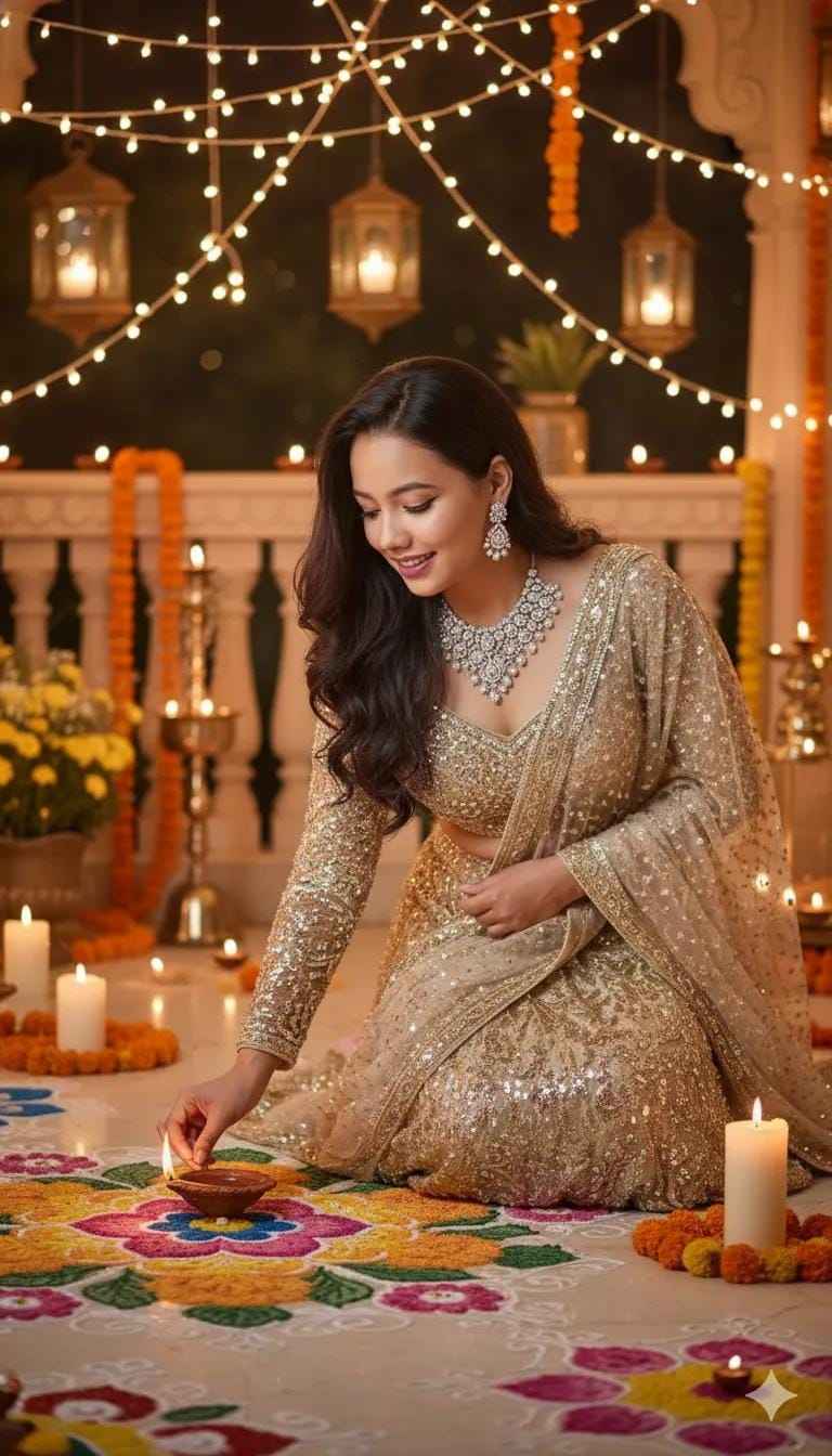 Gold Beaded Diwali Outfit AI image prompt