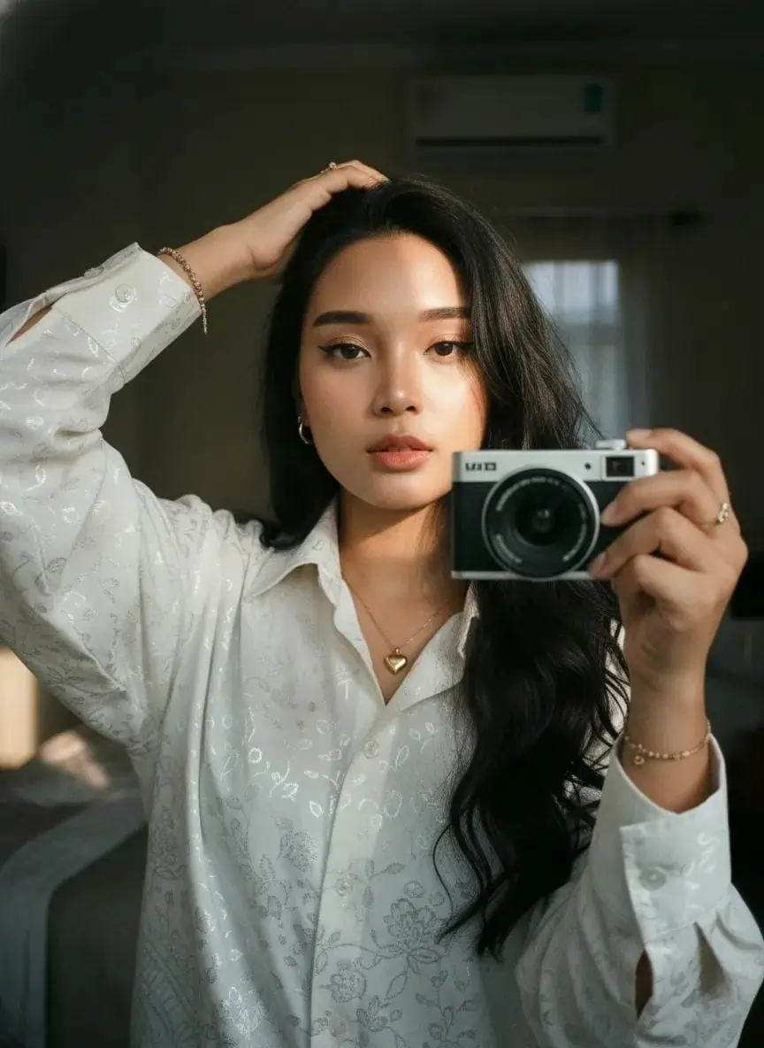 Realistic Long Wavy Hair Selfie AI image prompt