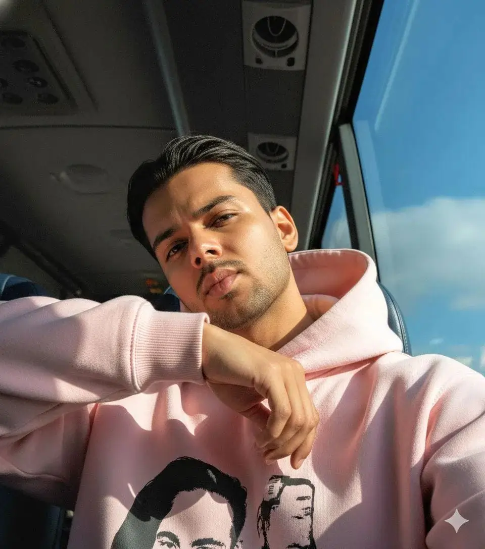Pink Hoodie Tour Bus Selfie AI image prompt